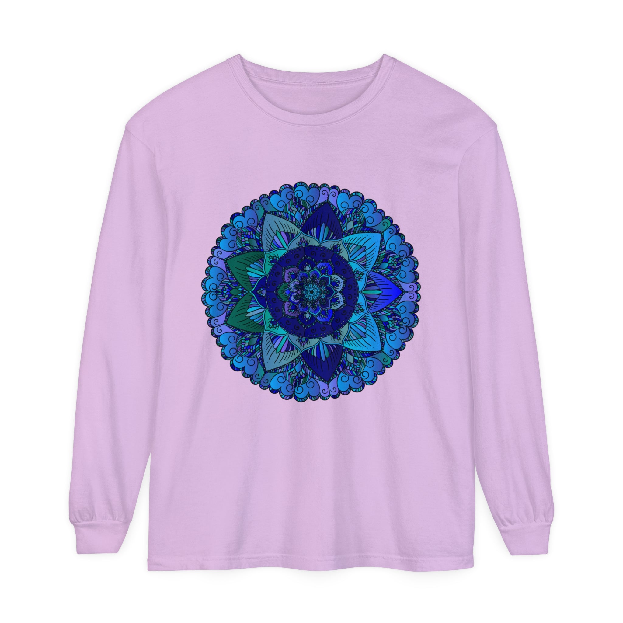 Dark blue and green mandala long sleeve t-shirt with intricate design