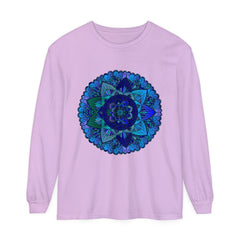 Dark blue and green mandala long sleeve t-shirt with intricate design