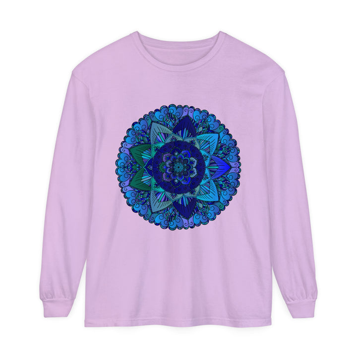 Dark blue and green mandala long sleeve t-shirt with intricate design