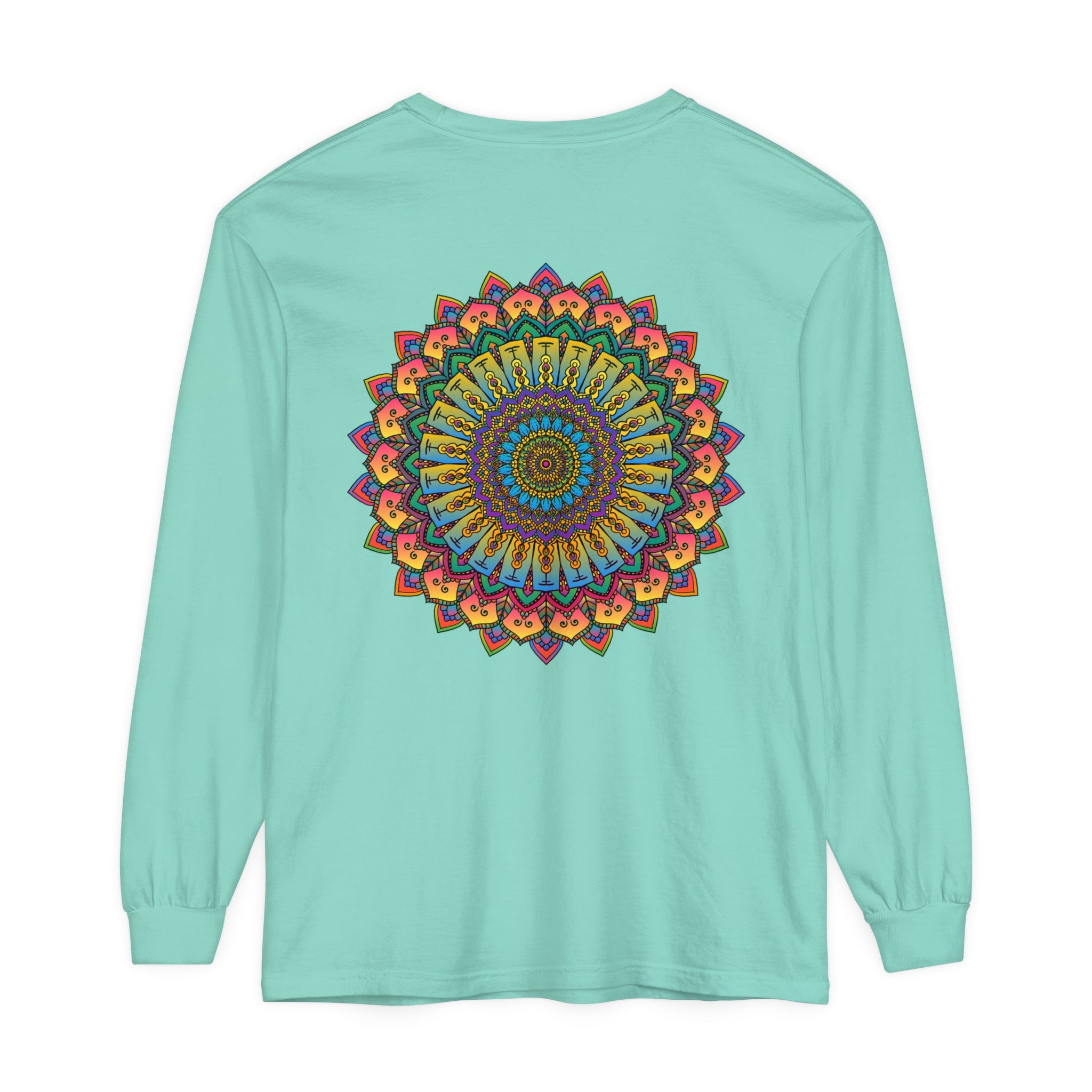 Intricate Mandala Unisex Long Sleeve T-Shirt featuring detailed mandala design in vibrant colors for men and women