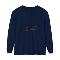 A cozy unisex long sleeve t-shirt featuring a sleeping black cat design