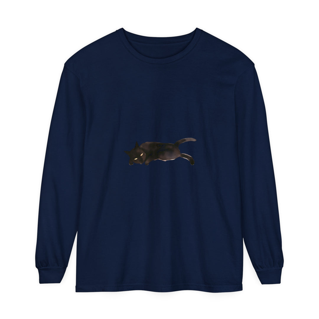 A cozy unisex long sleeve t-shirt featuring a sleeping black cat design