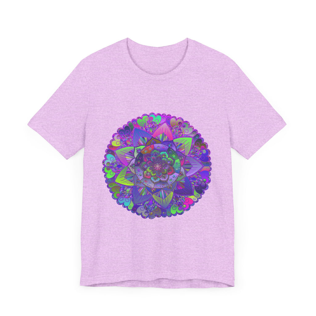 A vibrant and intricate mandala design T-shirt, featuring an array of colorful psychedelic patterns