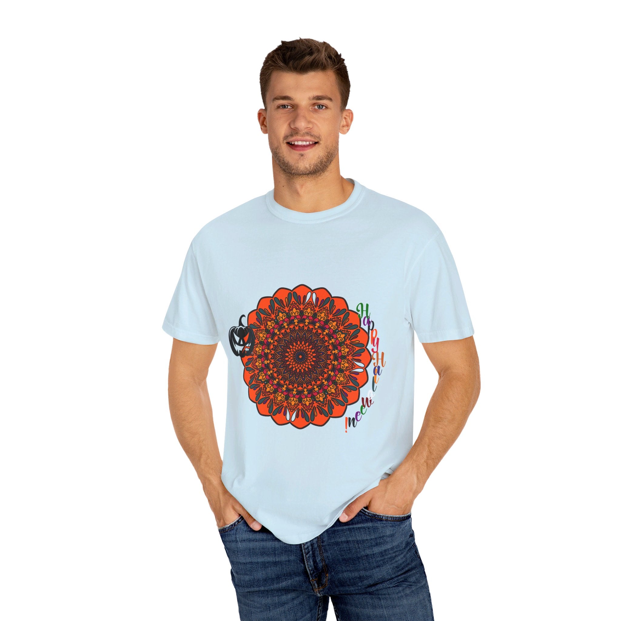 Halloween Mandala T-shirt Unisex - Handmade Pumpkin Mandala Art - Garment-Dyed Tee for festive and stylish Halloween outfit