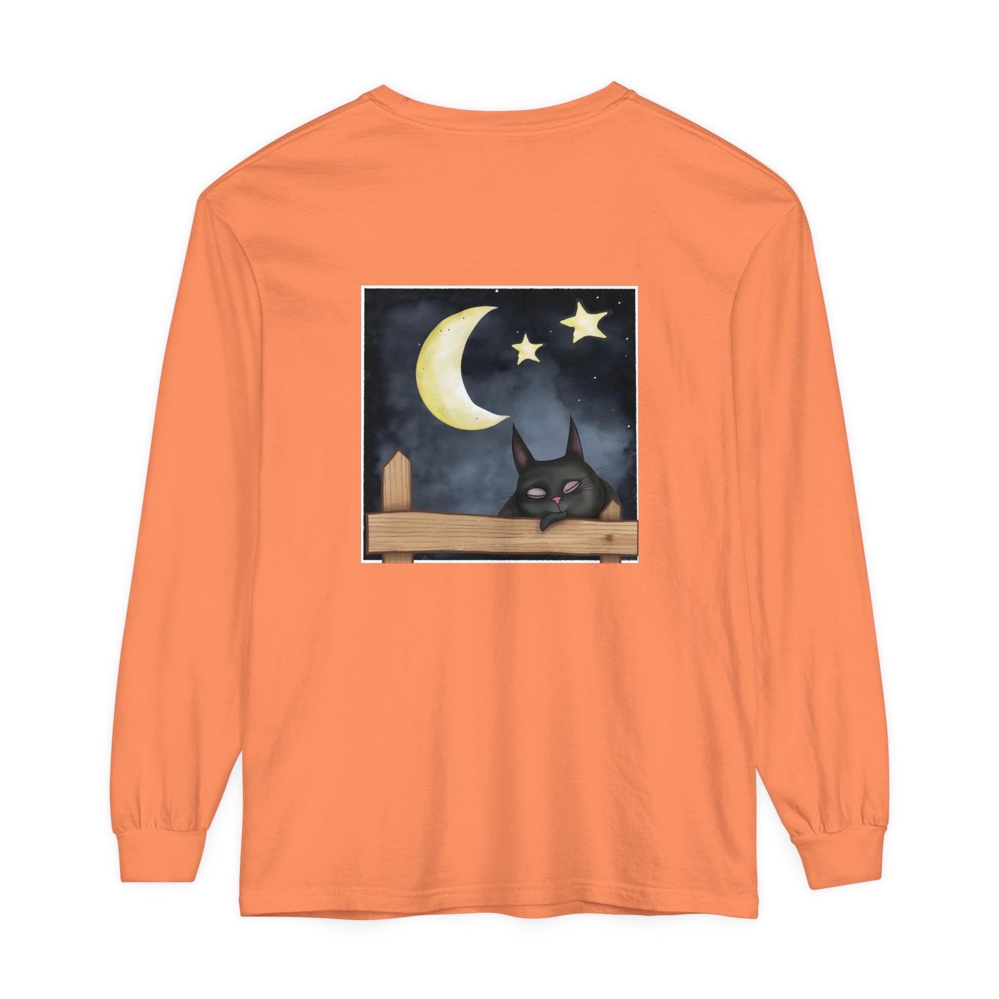 Soft black t-shirt with a sleepy cat design under the night sky