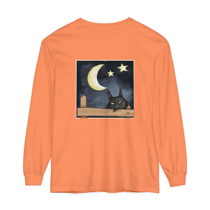 Soft black t-shirt with a sleepy cat design under the night sky