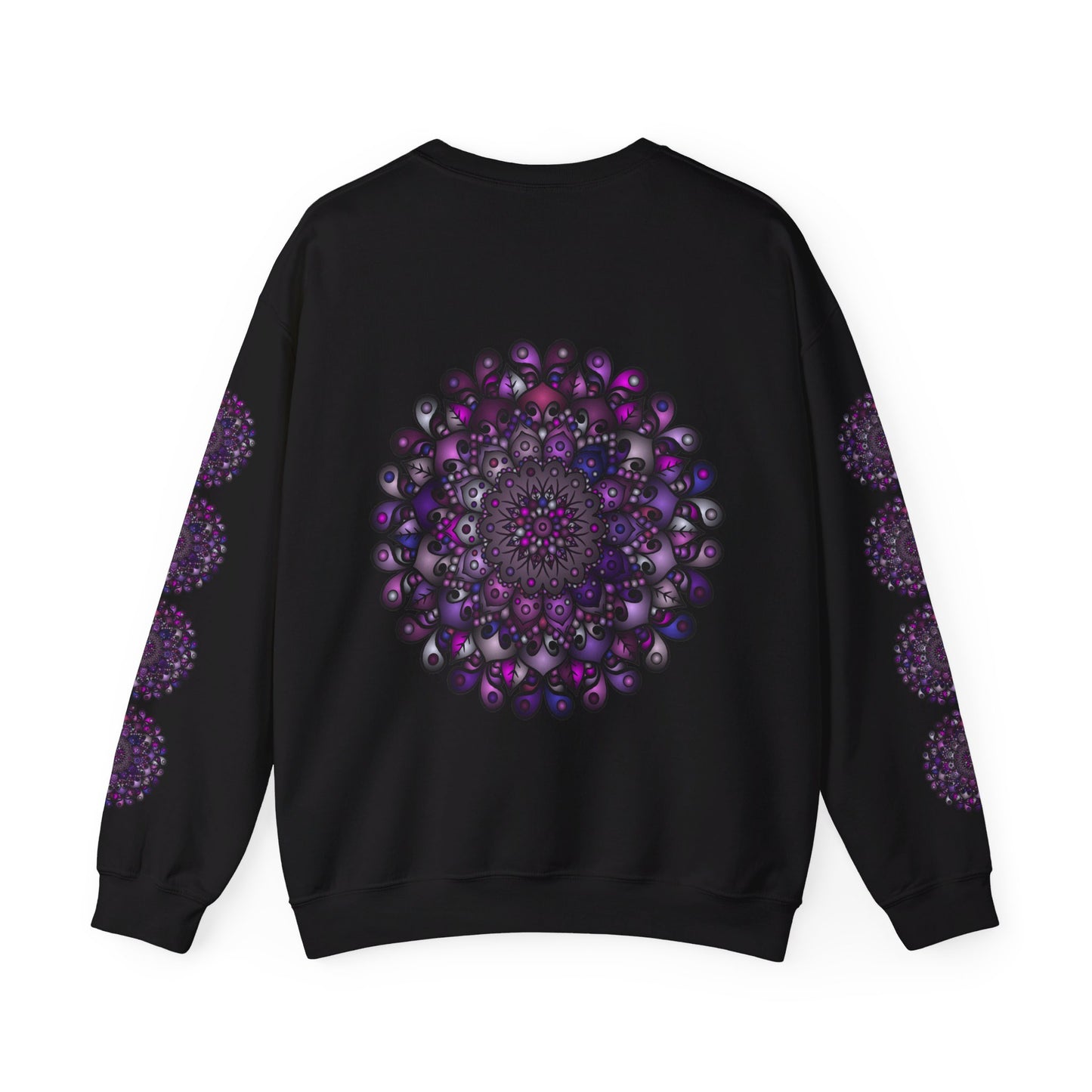 A comfortable unisex crewneck sweatshirt in purple with intricate mandala design