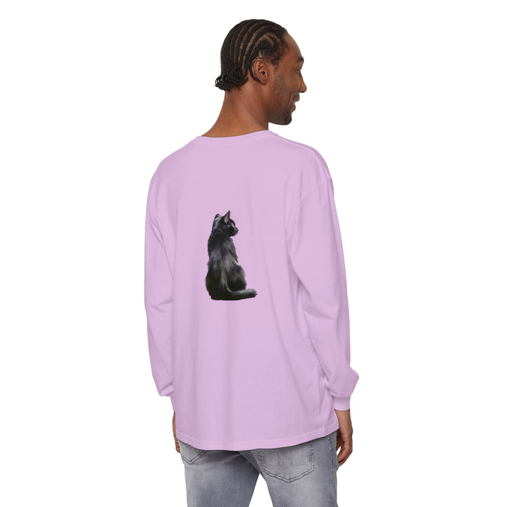 Black Cat Mystique Long Sleeve T-Shirt, featuring a sleek black cat design