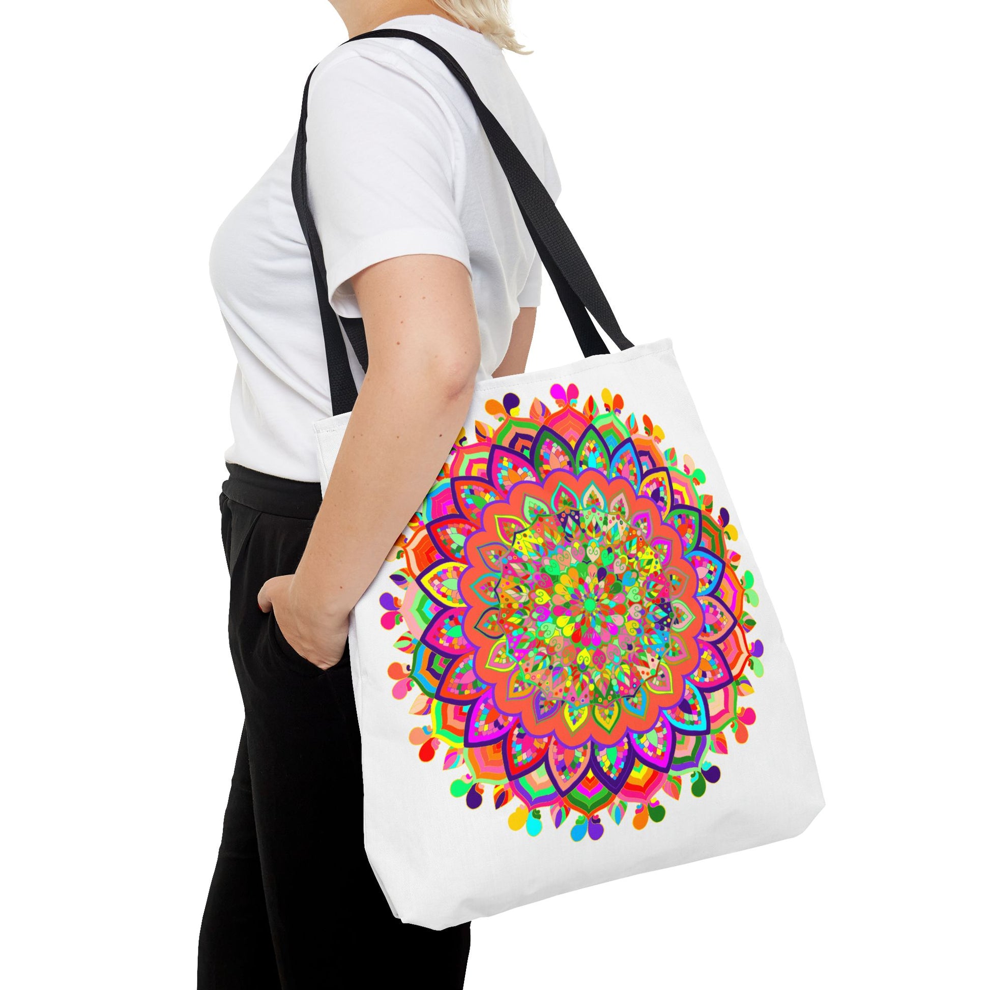 Vibrant and intricate mandala design tote bag in various colors