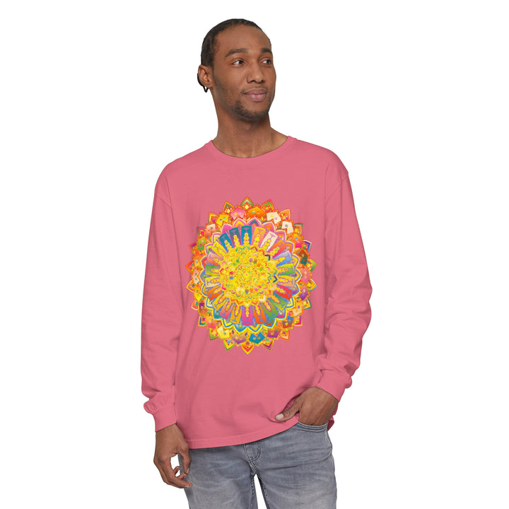 Intricate Mandala Unisex Long Sleeve T-Shirt featuring detailed and colorful mandala design on a comfortable and stylish long sleeve tee