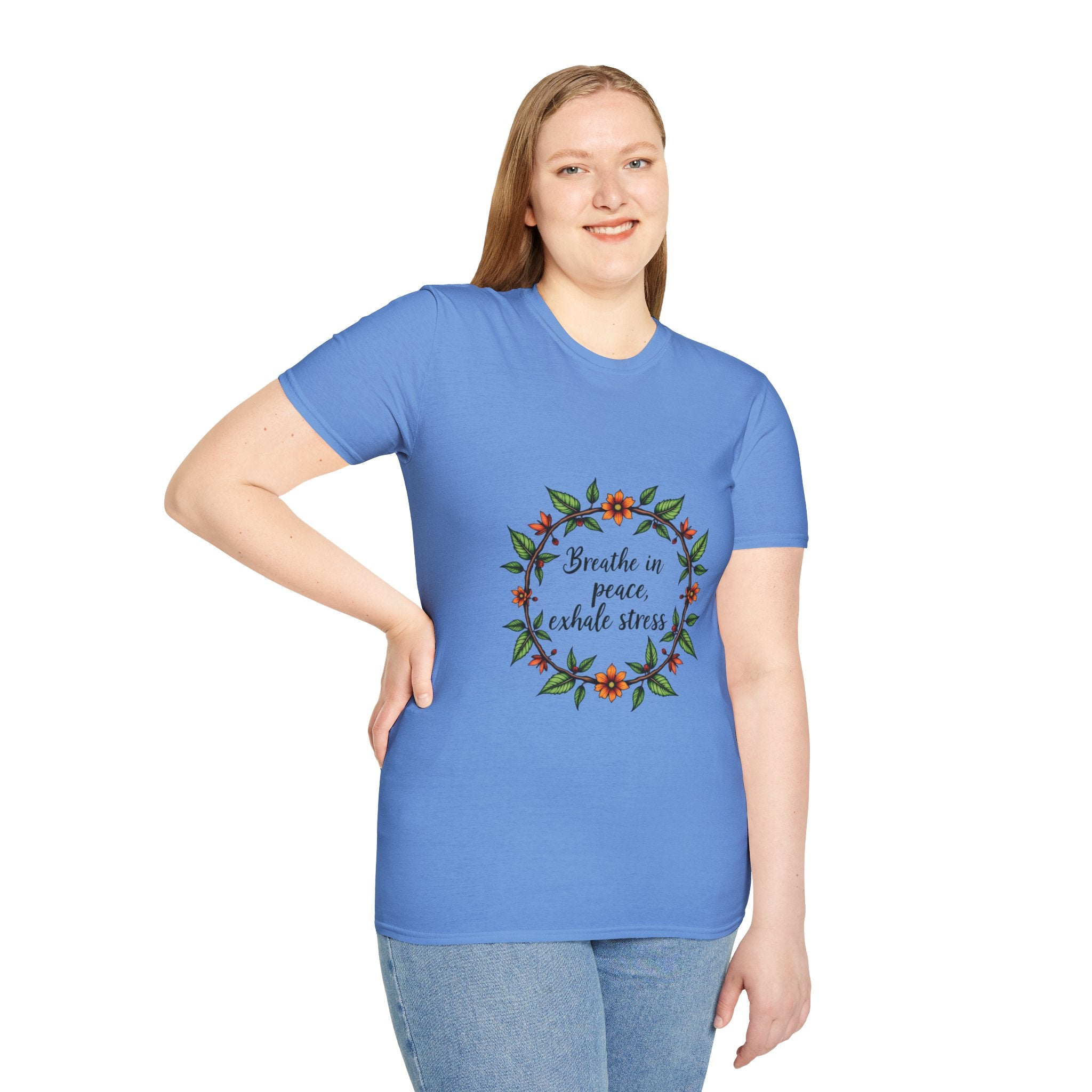 Beautiful white t-shirt with a floral garland design and the calming message 'Breathe in Peace Exhale Stress' printed in elegant script