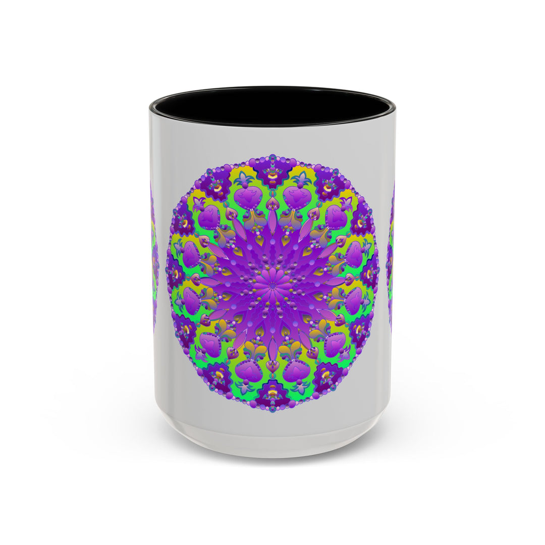 Beautiful purple mandala design mug with vibrant art on a sleek grey background