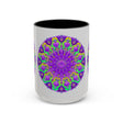 Beautiful purple mandala design mug with vibrant art on a sleek grey background