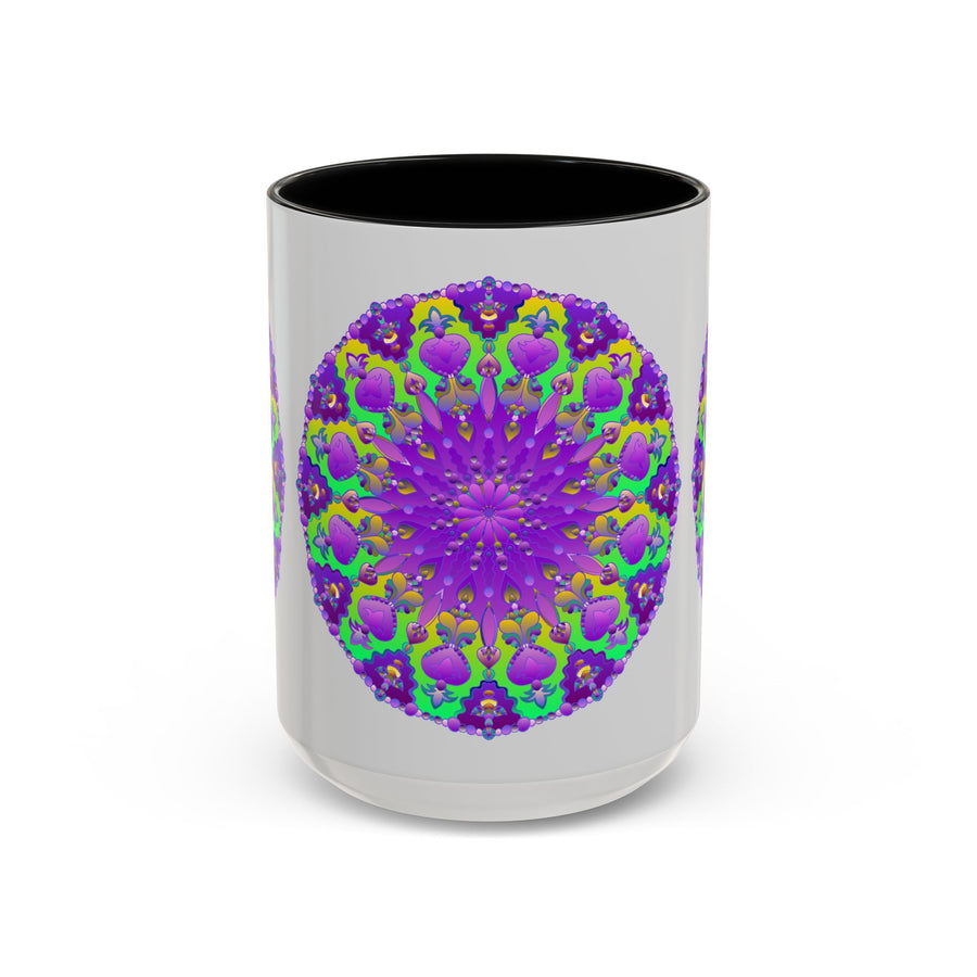 Beautiful purple mandala design mug with vibrant art on a sleek grey background