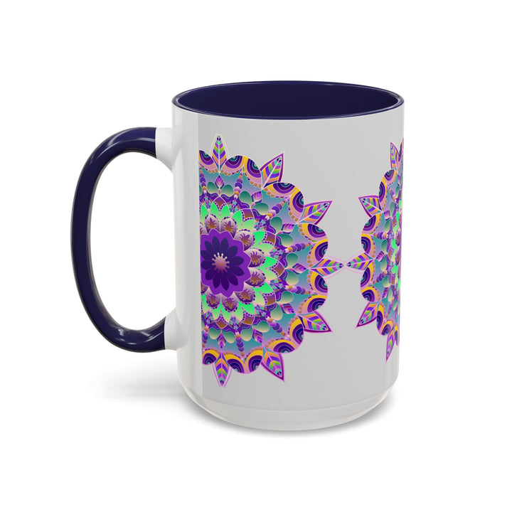 Beautiful light grey mug featuring a vibrant mandala art design