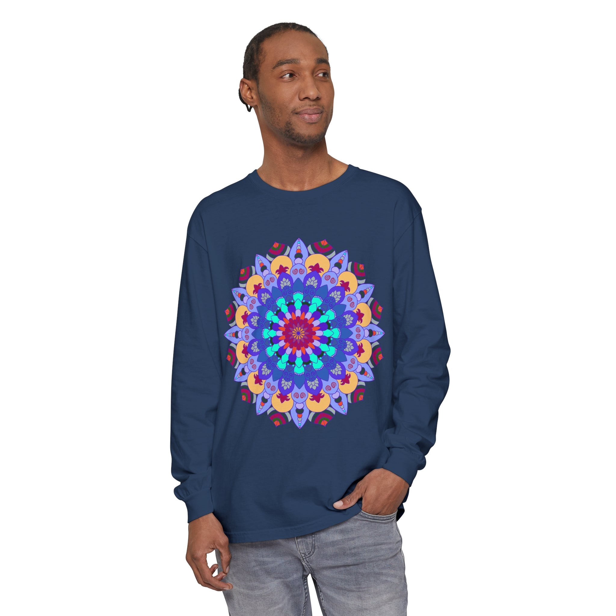 Colorful long sleeve t-shirt featuring a vibrant mandala design