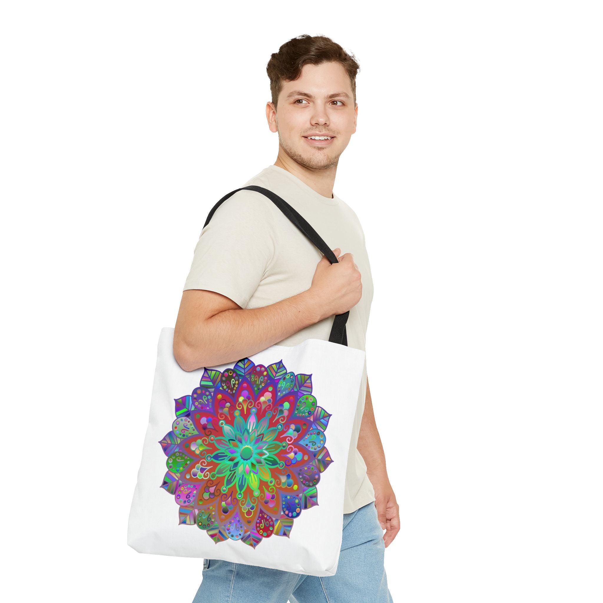 Vibrant and detailed mandala design printed on a spacious tote bag