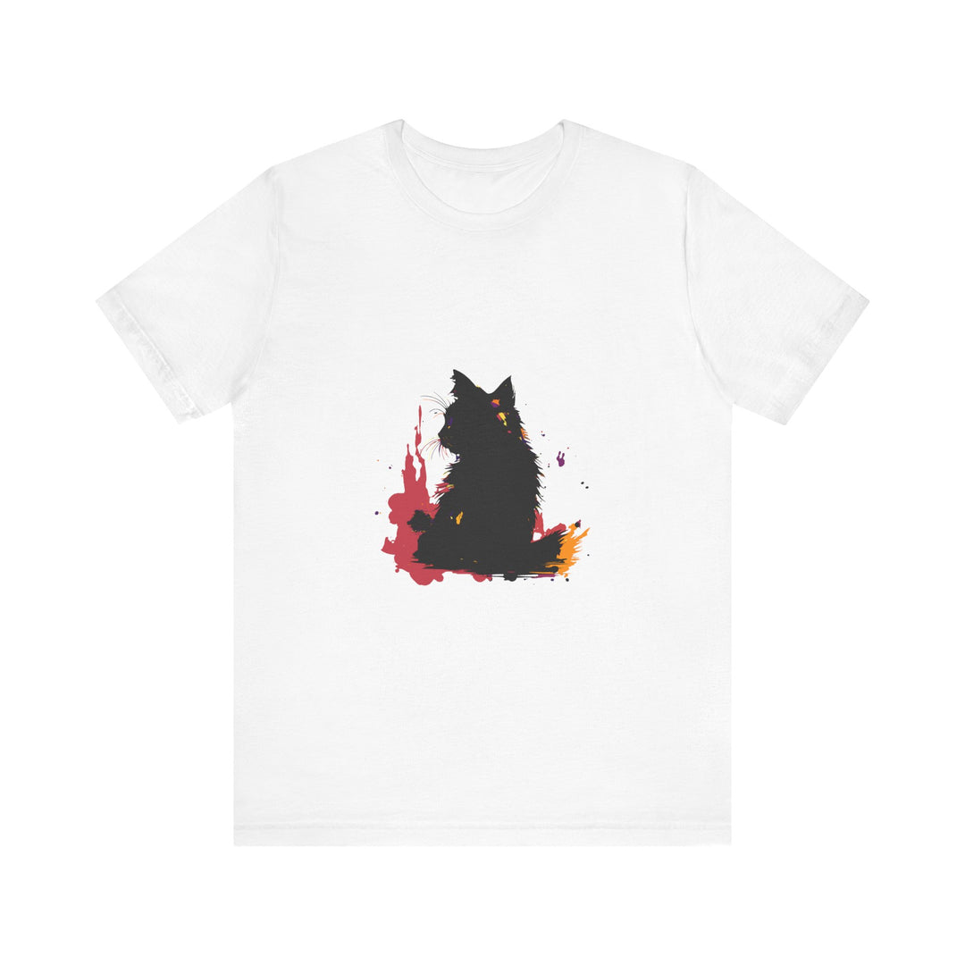 Black Cat Mystery T-Shirt featuring colorful splatter art design on black fabric