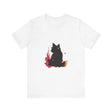 Black Cat Mystery T-Shirt featuring colorful splatter art design on black fabric