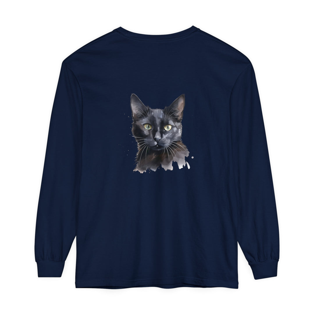 Black Cat Watercolor - Mystical Long Sleeve T-Shirt featuring a beautiful watercolor design of a black cat with a mysterious and enchanting vibe