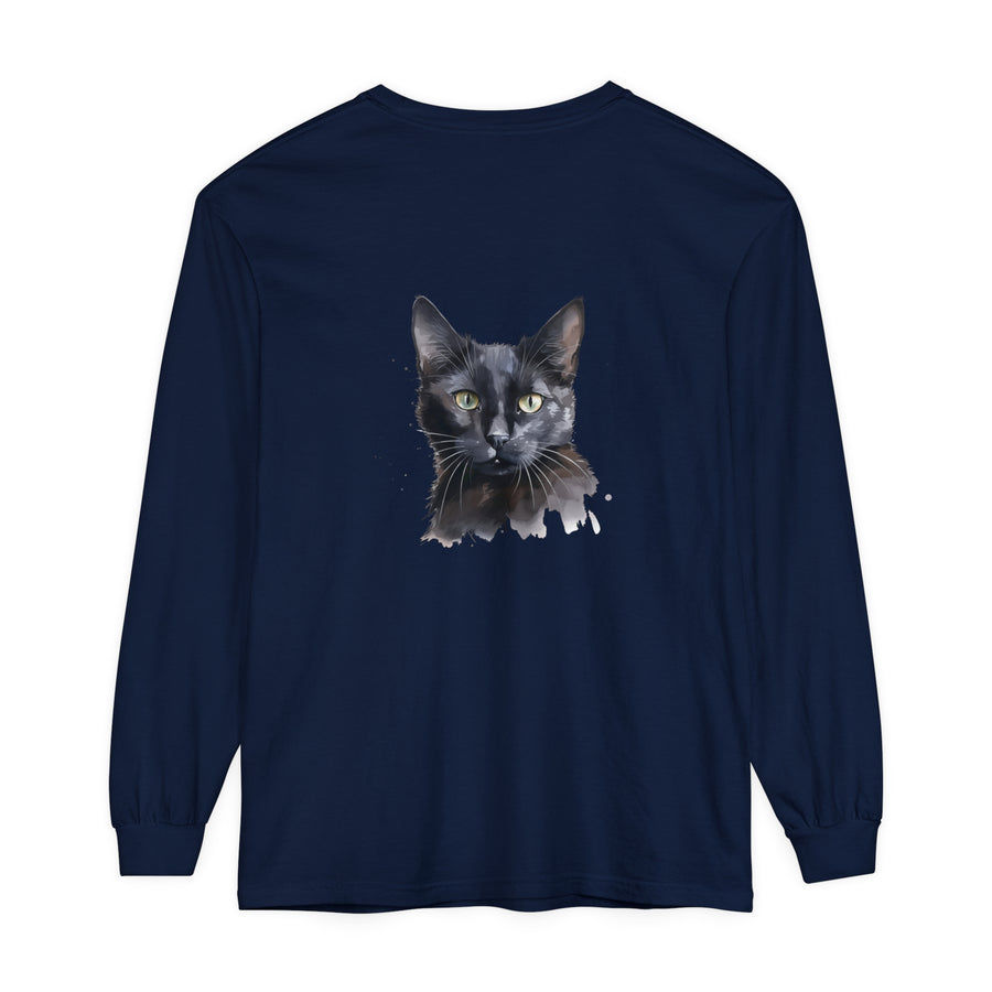 Black Cat Watercolor - Mystical Long Sleeve T-Shirt featuring a beautiful watercolor design of a black cat with a mysterious and enchanting vibe