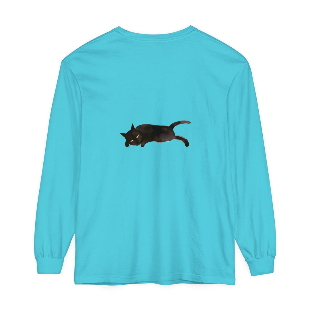 Black cat with closed eyes sleeping on a unisex long sleeve t-shirt