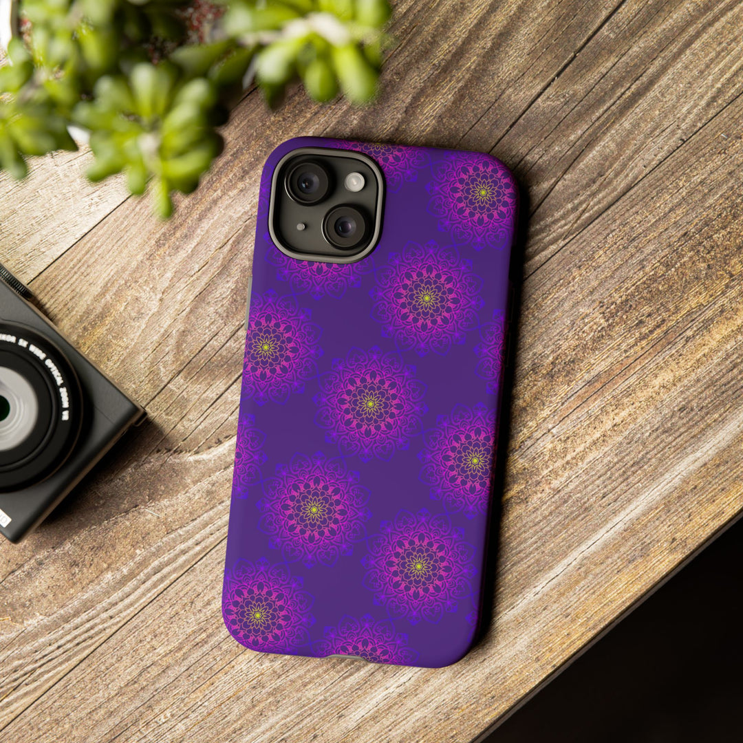Intricate Purple Floral iPhone Case with Bold Mandala Design