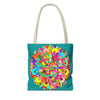 Vibrant and intricate aquamarine mandala art tote bag with colorful design