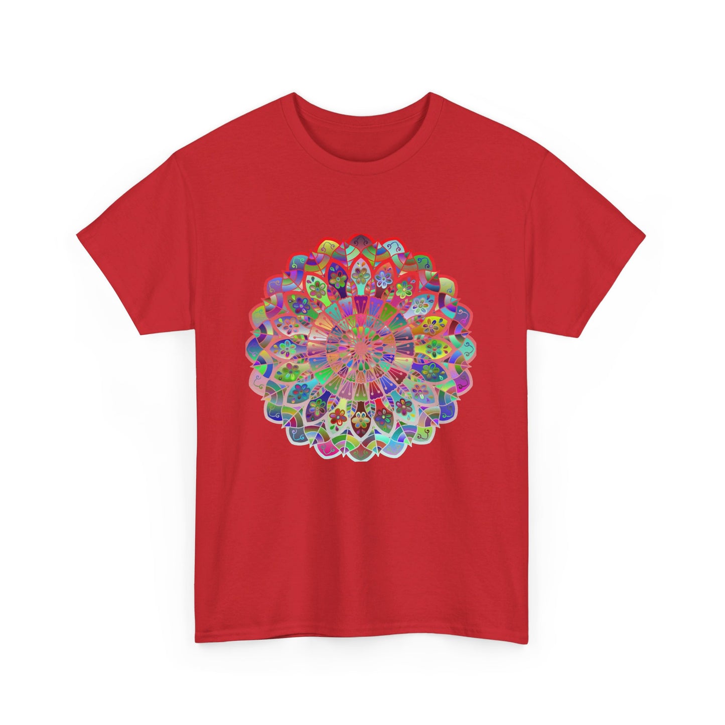 Mandala art design in vibrant colors on a unisex heavy cotton tee, perfect for yoga and mindfulness practice