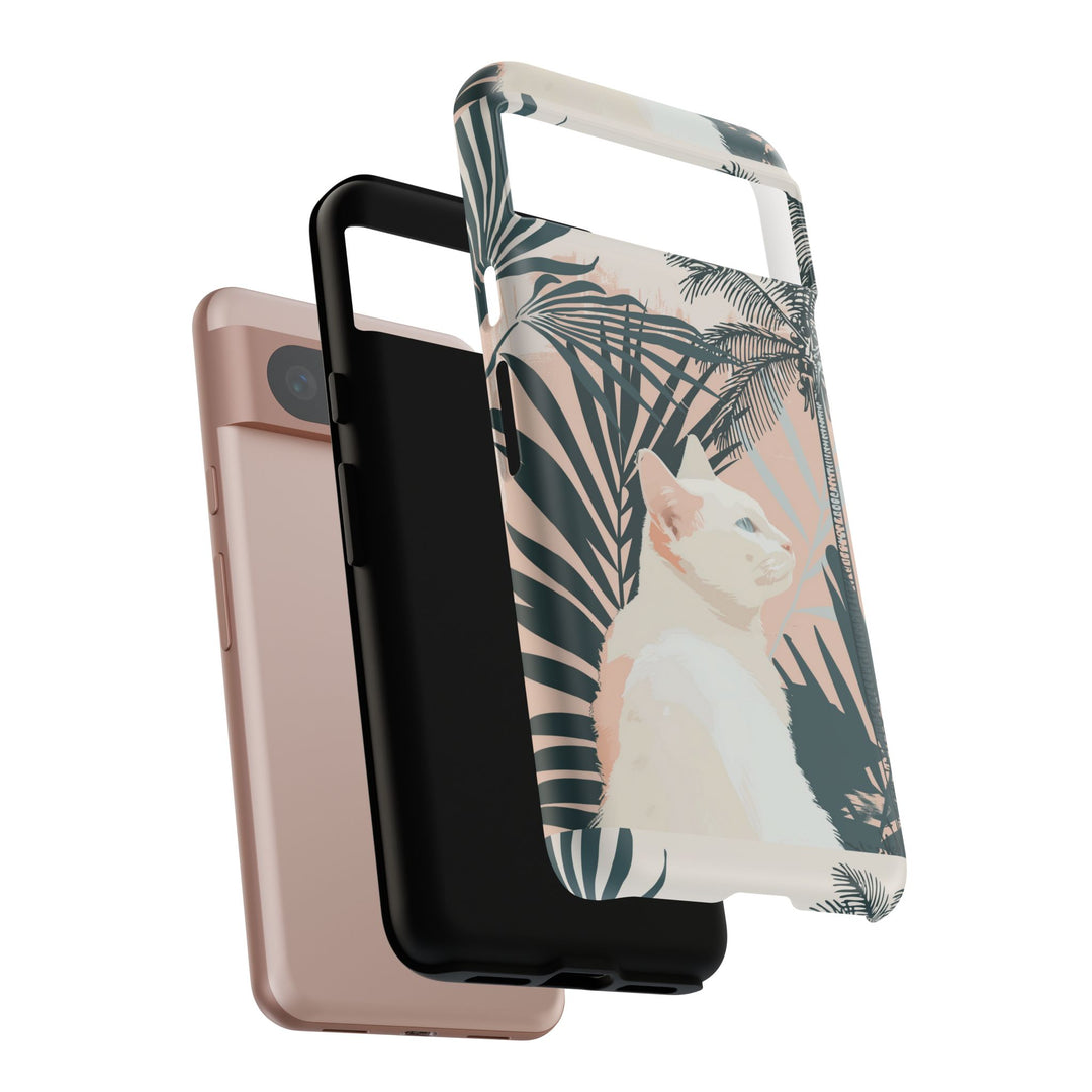 Tropische Katzen-Telefonhülle mit üppigen Palmenmotiven und sanften Pastelltönen