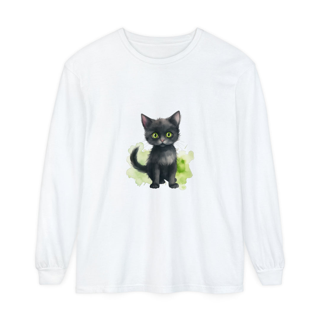 Black Cat Watercolor - Long Sleeve T-Shirt with vibrant and detailed feline design