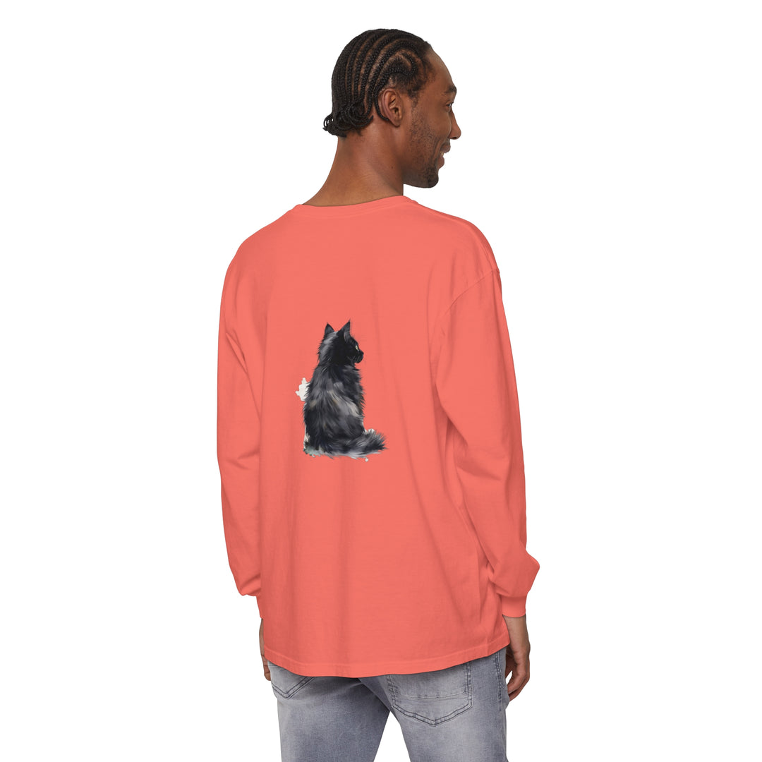 Black and white watercolor long sleeve T-shirt featuring a cat design