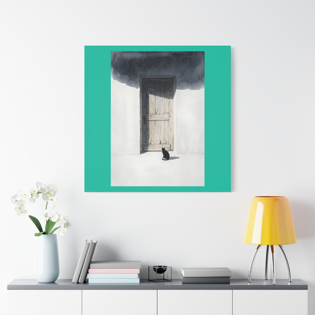Cat at the Door Matte Canvas Wall Art — Moody Minimalist Cat Illustration