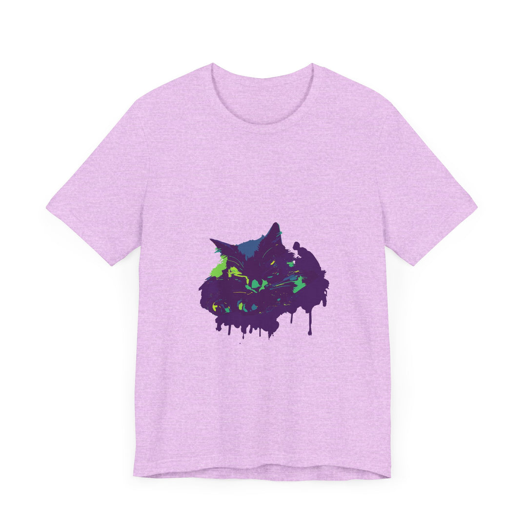 A close-up image of a Black Cat Mystery t-shirt with colorful paint splatter design