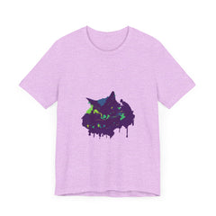 A close-up image of a Black Cat Mystery t-shirt with colorful paint splatter design