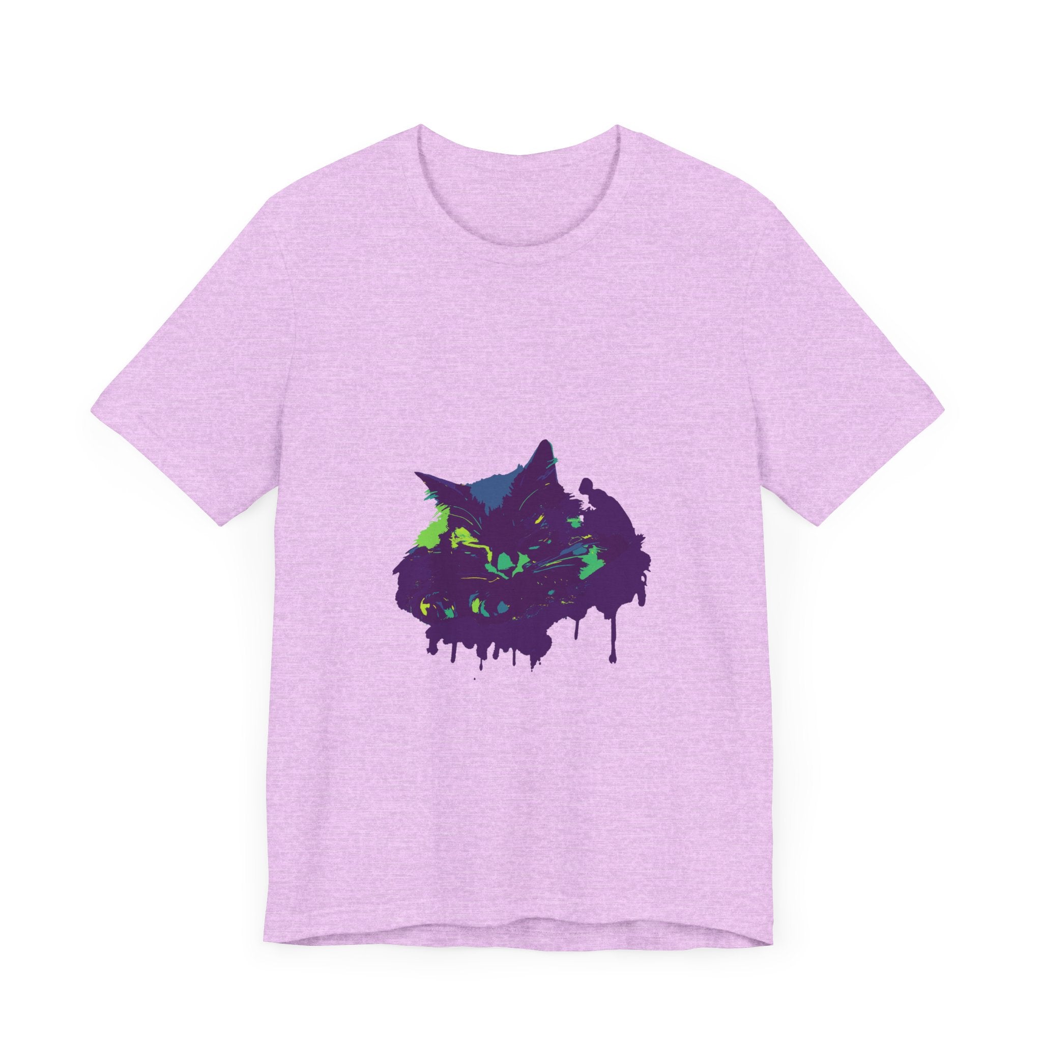 A close-up image of a Black Cat Mystery t-shirt with colorful paint splatter design