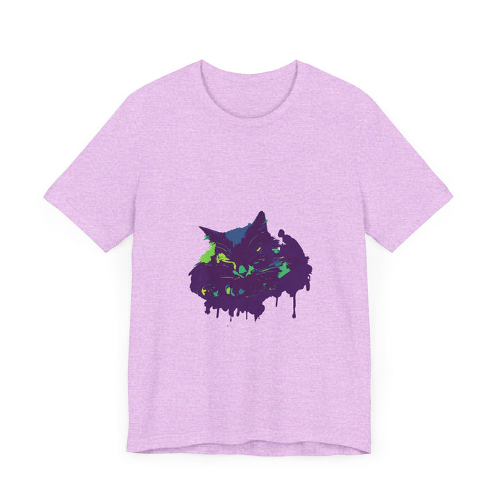 A close-up image of a Black Cat Mystery t-shirt with colorful paint splatter design