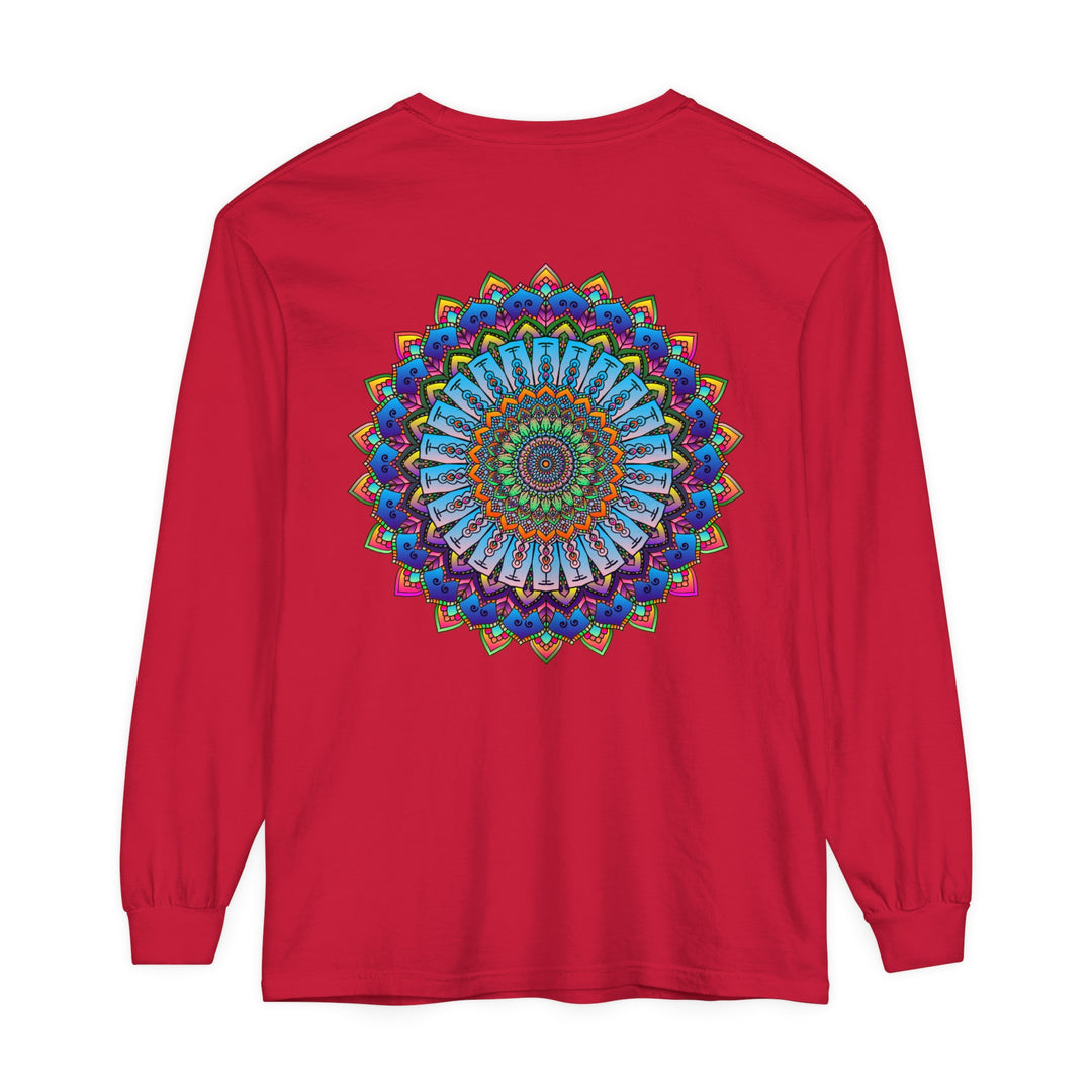 Colorful and intricate mandala design on vibrant unisex long sleeve t-shirt