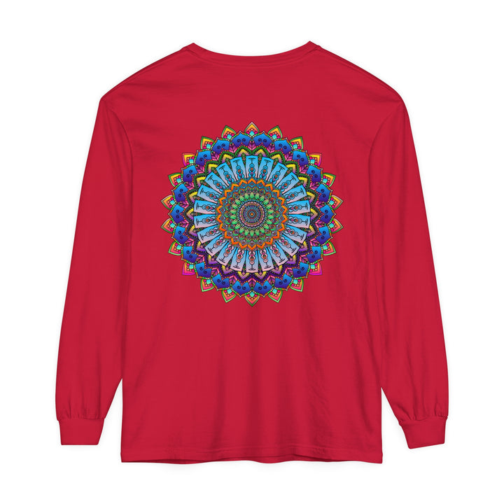 Colorful and intricate mandala design on vibrant unisex long sleeve t-shirt