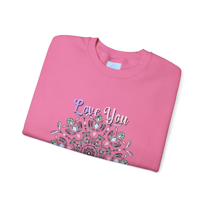 Black unisex crewneck sweatshirt featuring 'Love You Mom' design, perfect birthday gift for mom