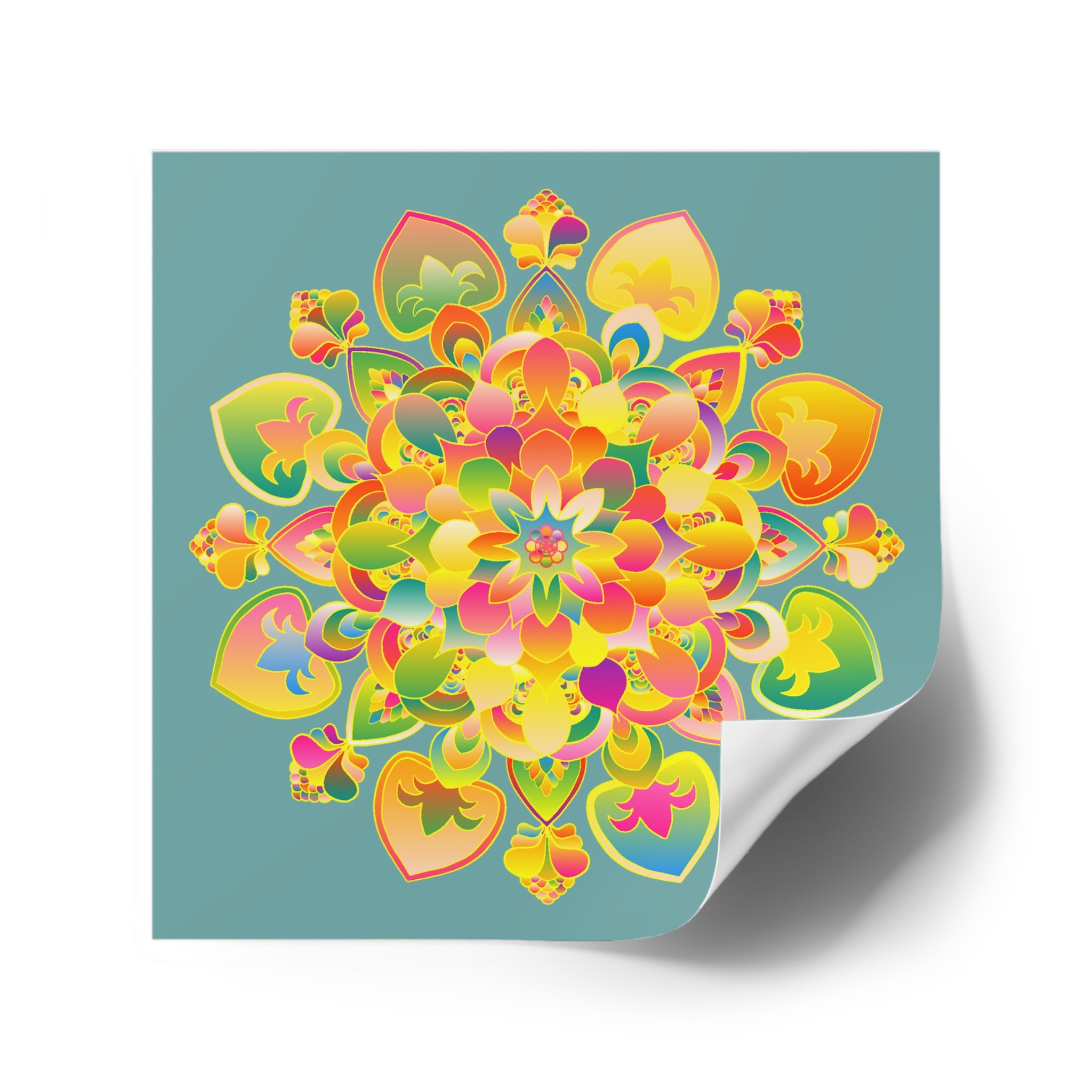 Handgezeichnete Mandala-Laminieraufkleber – Gold, Rot und Grün auf gräulich-türkis