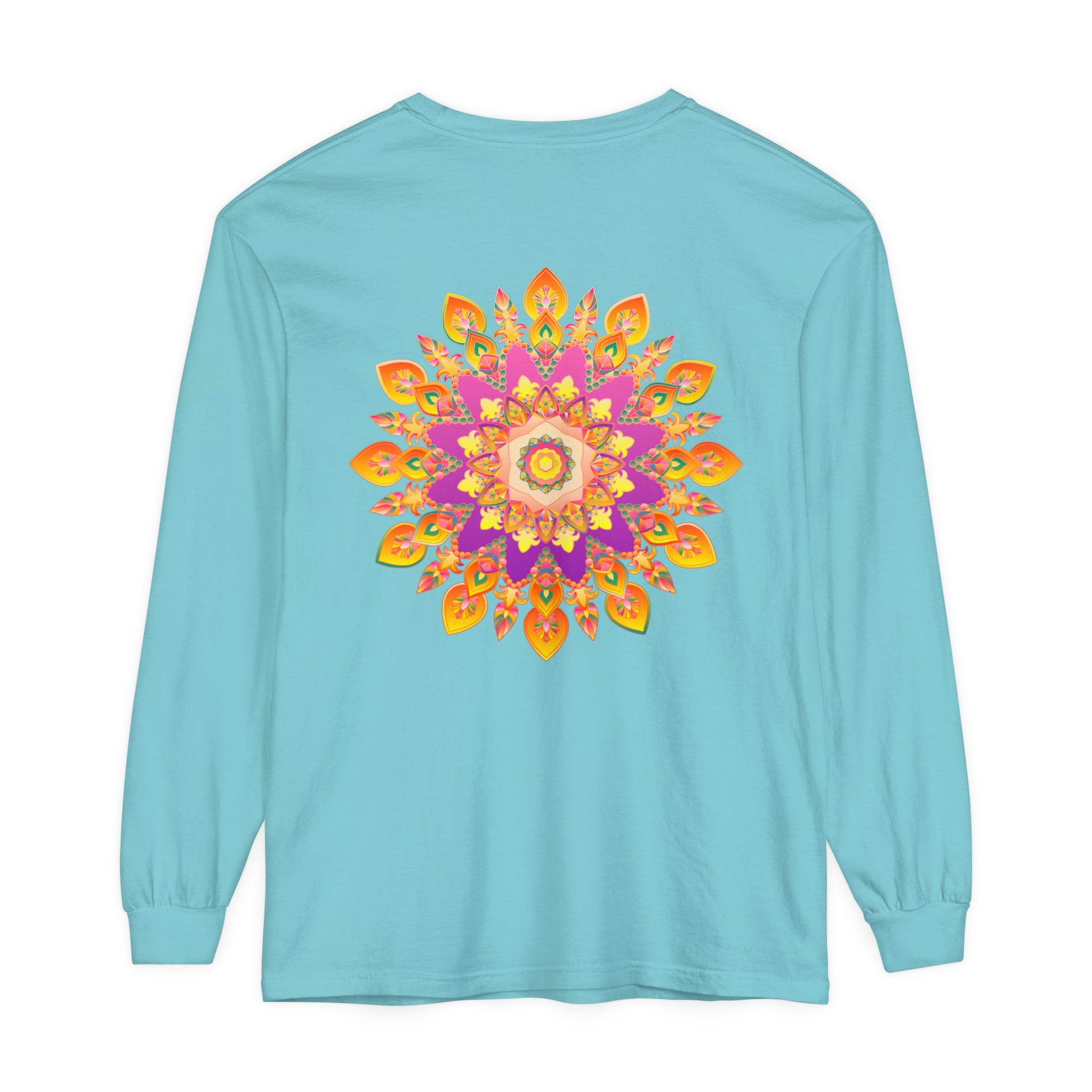 Colorful and intricate mandala design on a unisex long sleeve t-shirt