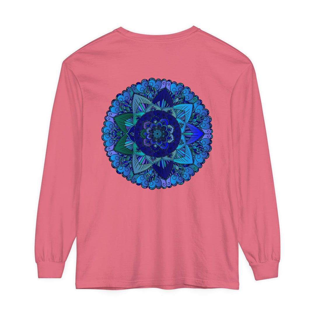 Dark blue and green mandala long sleeve t-shirt with intricate floral design