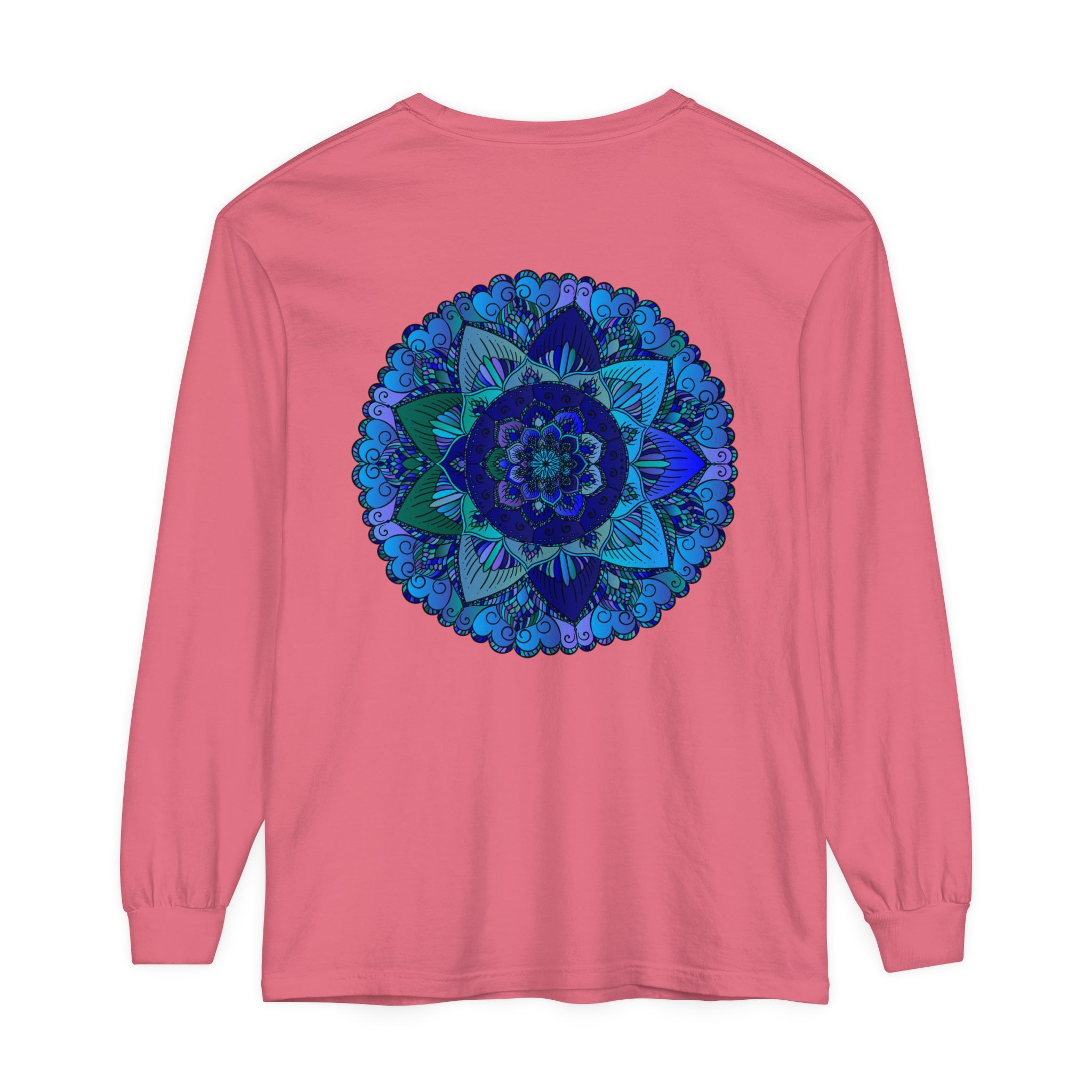 Dark blue and green mandala long sleeve t-shirt with intricate floral design