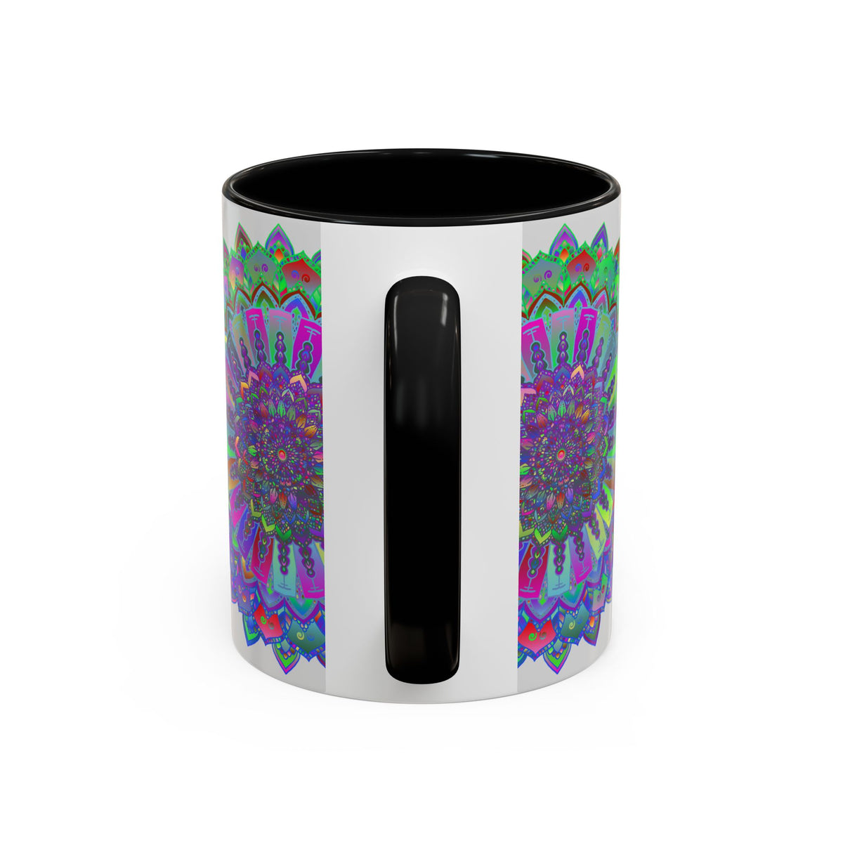 Colorful mandala art mug featuring intricate designs and vibrant shades of pink and yellow