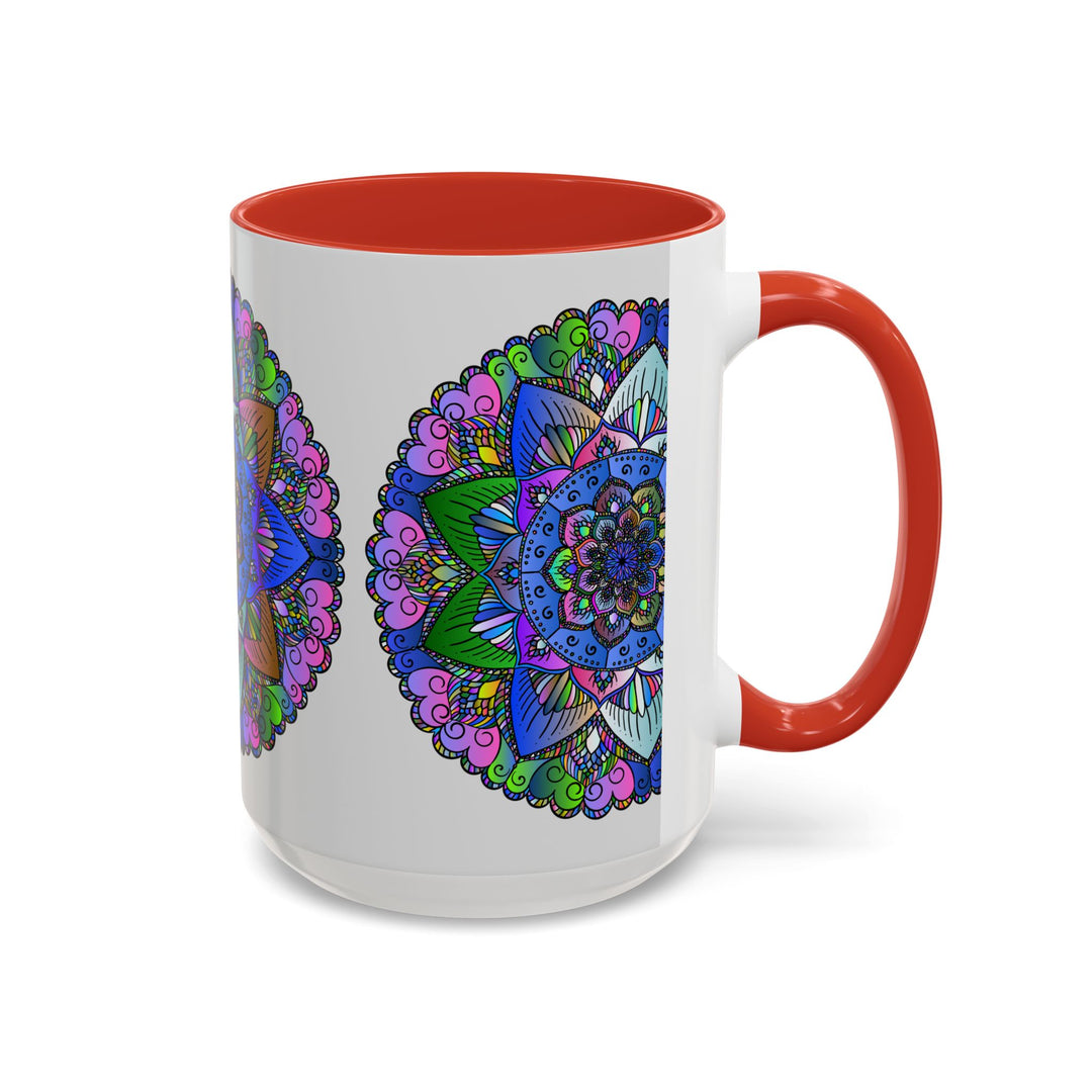 A beautiful, vibrant mandala mug featuring intricate and peaceful art designs in a variety of bold and bright colors