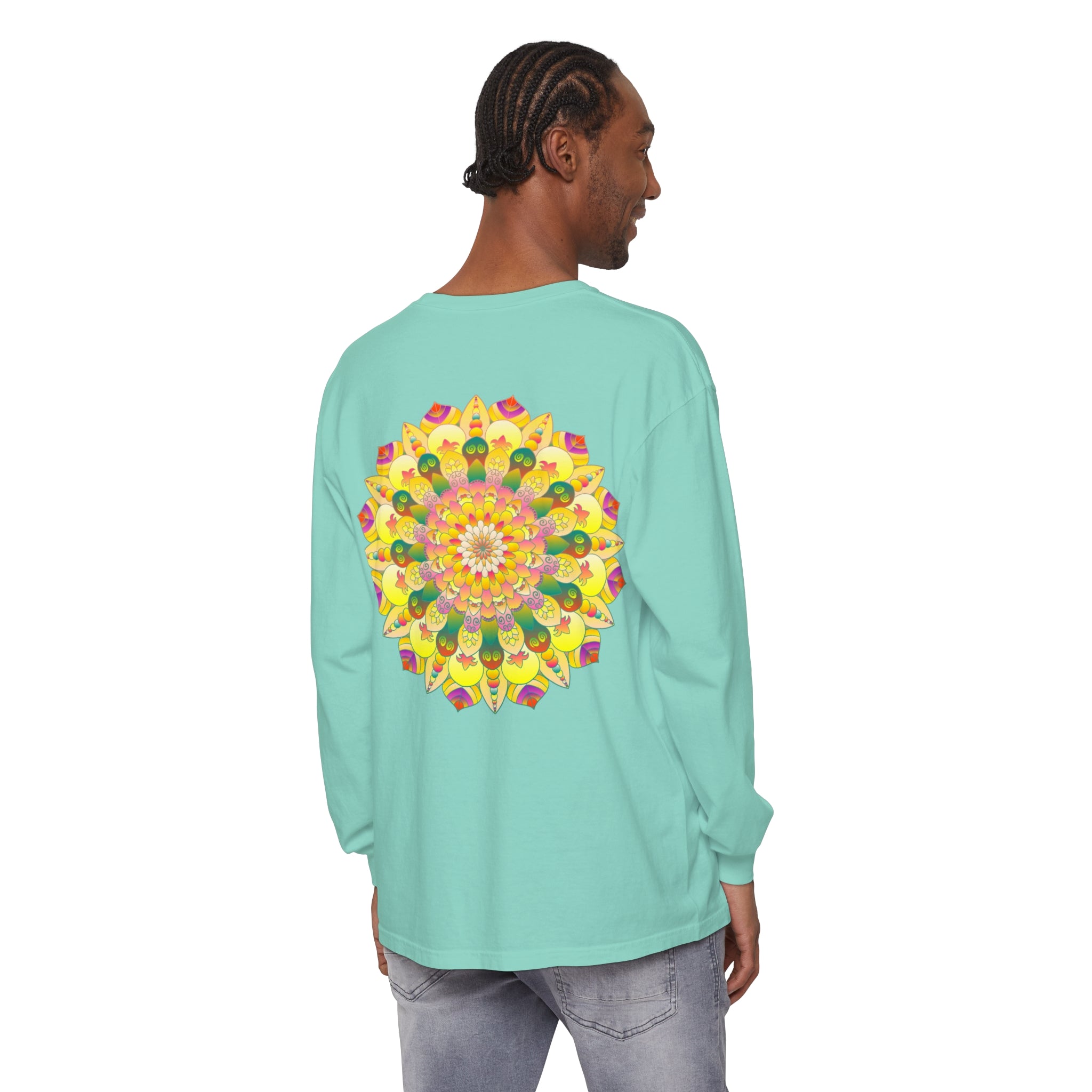 Vibrant Mandala Unisex Long Sleeve T-Shirt featuring intricate, colorful mandala design