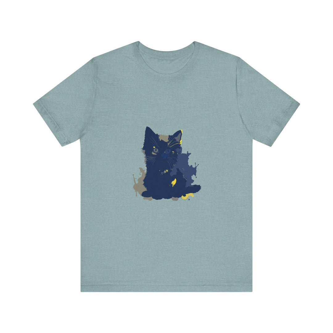 Midnight Blue Cat Mystery T-Shirt - A comfortable and stylish t-shirt featuring a mysterious cat design on a deep blue background