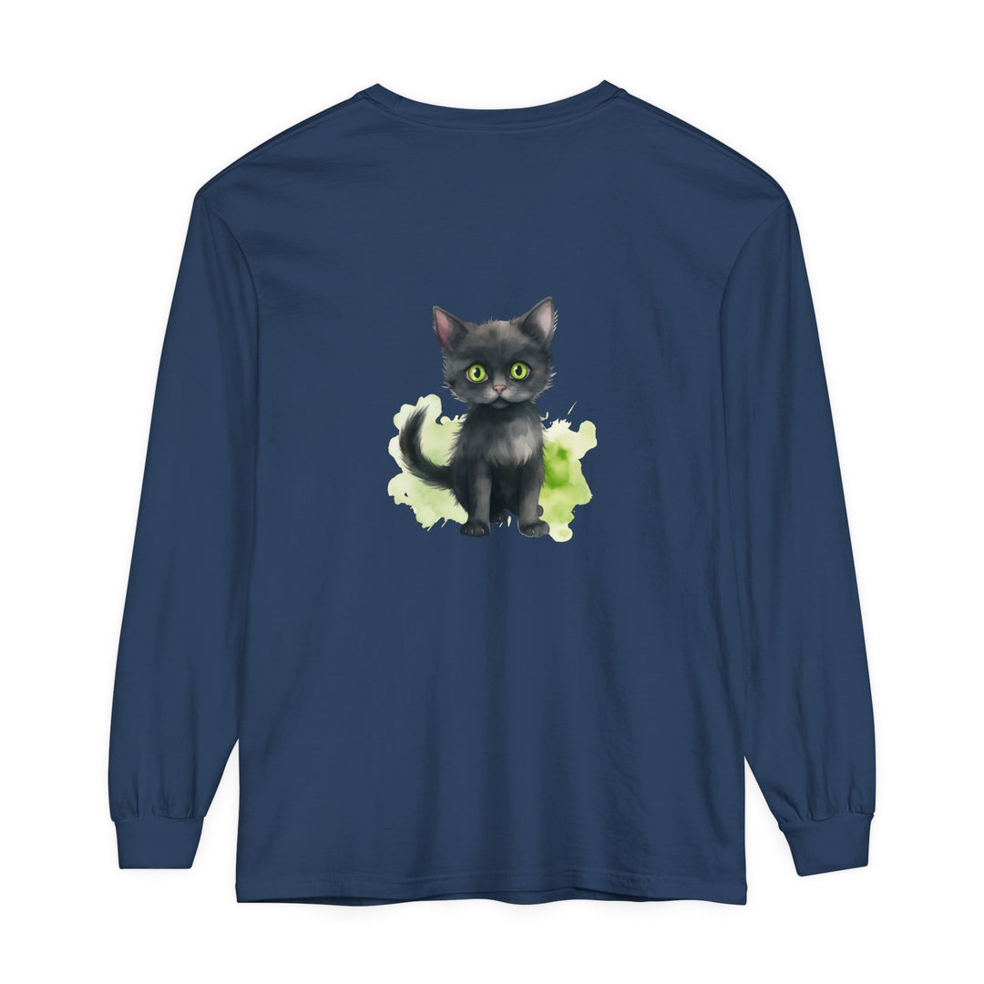 Black Cat Watercolor Long Sleeve T-Shirt in Black with vibrant design