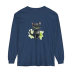 Black Cat Watercolor Long Sleeve T-Shirt in Black with vibrant design
